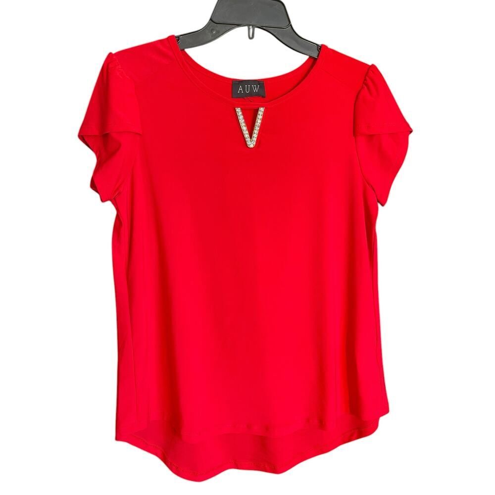 AUW Red Stretchy Short-Sleeve Top w/ Embellished V, Size M/L